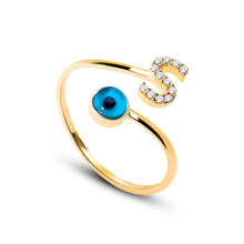 Load image into Gallery viewer, 14K Solid Gold Initial "S" Evil Eye Ring
