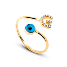 Load image into Gallery viewer, 14K Solid Gold Initial "G" Evil Eye Ring