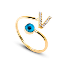 Load image into Gallery viewer, 14K Solid Gold Initial "V" Evil Eye Ring