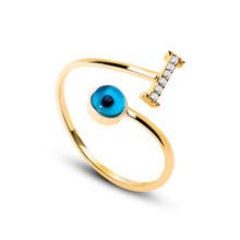 Load image into Gallery viewer, 14K Solid Gold Initial "I" Evil Eye Ring