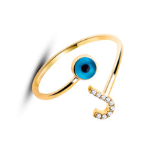 Load image into Gallery viewer, 14K Solid Gold Initial "J" Evil Eye Ring