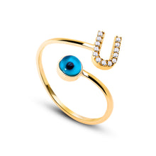 Load image into Gallery viewer, 14K Solid Gold Initial "U" Evil Eye Ring