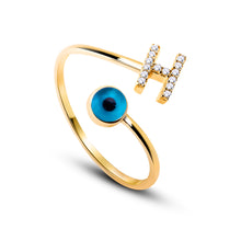 Load image into Gallery viewer, 14K Solid Gold Initial "H" Evil Eye Ring