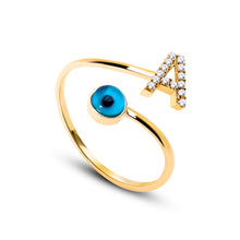 Load image into Gallery viewer, 14K Solid Gold Initial "A" Evil Eye Ring