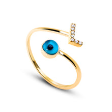 Load image into Gallery viewer, 14K Solid Gold Initial "L" Evil Eye Ring