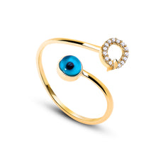 Load image into Gallery viewer, 14K Solid Gold Initial "Q" Evil Eye Ring