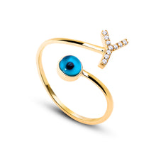 Load image into Gallery viewer, 14K Solid Gold Initial "Y" Evil Eye Ring