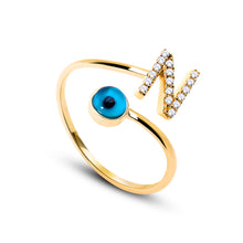 Load image into Gallery viewer, 14K Solid Gold Initial "N" Evil Eye Ring