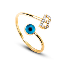 Load image into Gallery viewer, 14K Solid Gold Initial "B" Evil Eye Ring