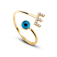 Load image into Gallery viewer, 14K Solid Gold Initial "E" Evil Eye Ring