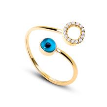 Load image into Gallery viewer, 14K Solid Gold Initial "O" Evil Eye Ring