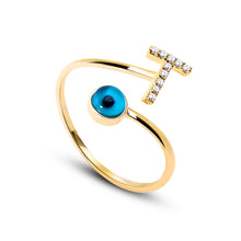 Load image into Gallery viewer, 14K Solid Gold Initial "T" Evil Eye Ring