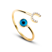 Load image into Gallery viewer, 14K Solid Gold Initial "C" Evil Eye Ring