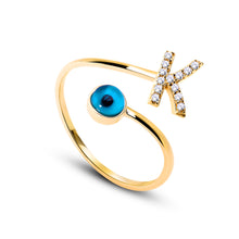 Load image into Gallery viewer, 14K Solid Gold Initial &quot;K&quot; Evil Eye Ring
