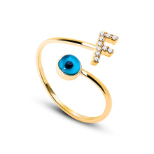 Load image into Gallery viewer, 14K Solid Gold Initial &quot;F&quot; Evil Eye Ring
