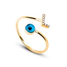 Load image into Gallery viewer, 14K Solid Gold Initial &quot;L&quot; Evil Eye Ring
